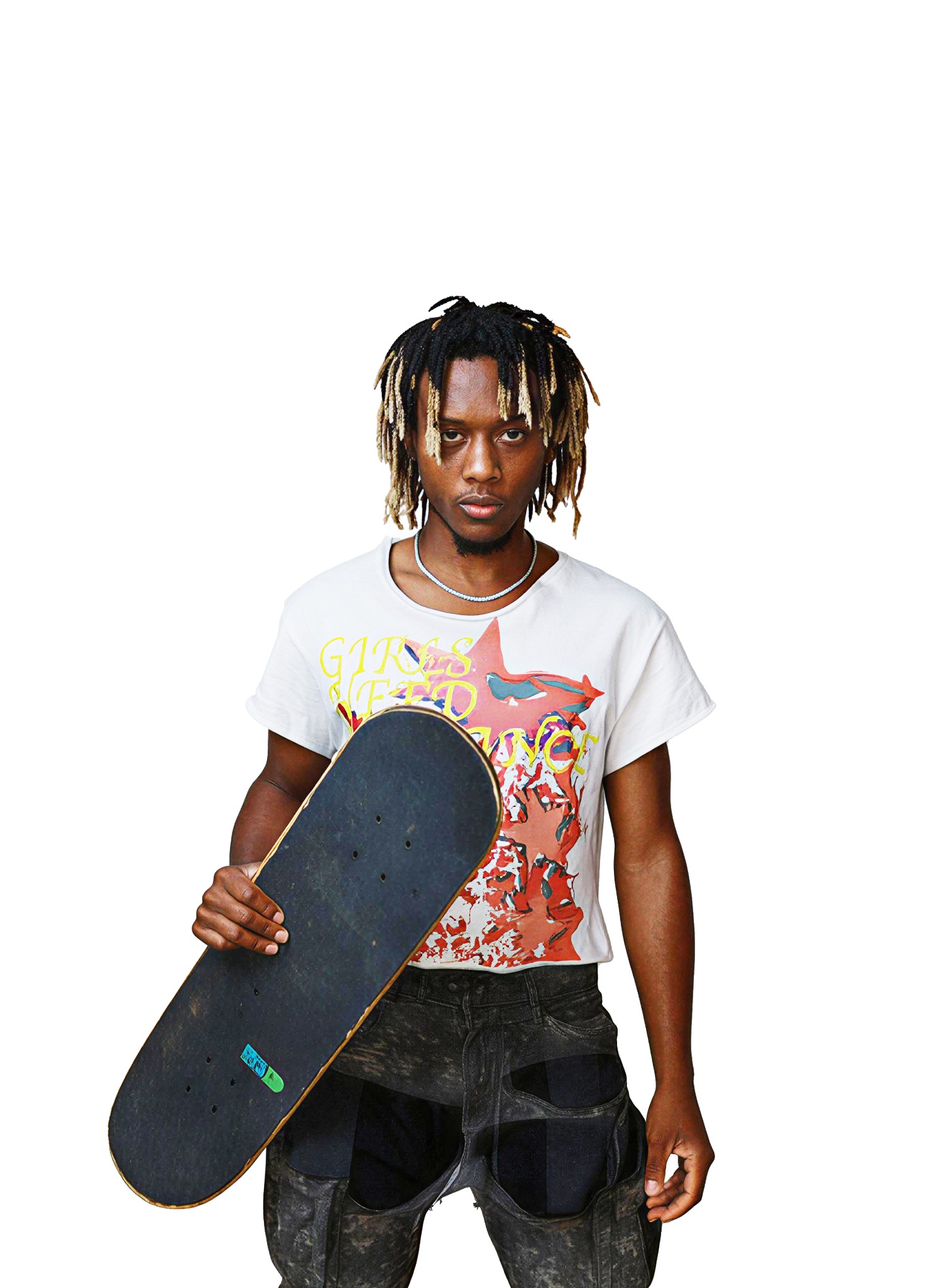 Model wearing the Girls Need Guidance star pile tee.